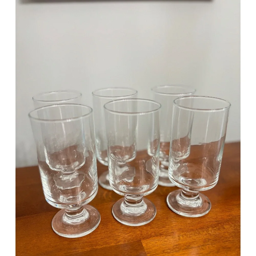 Vintage Set of 6 Clear Footed Glass Tumblers Stemmed Water Barware